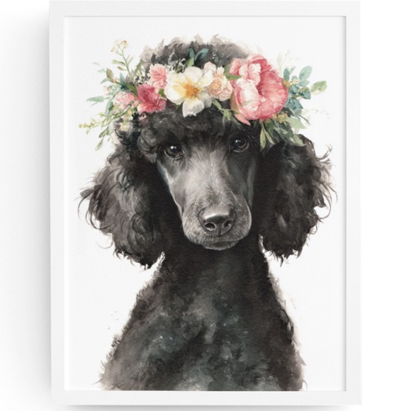 Watercolor Black Poodle with Flowers Crown Portrait Wall Art Print - Unframed - Picture 1 of 6